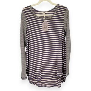 NWT Hem & Thread Striped Long Sleeve Tunic Top Size M Purple& Beige, Boho Casual